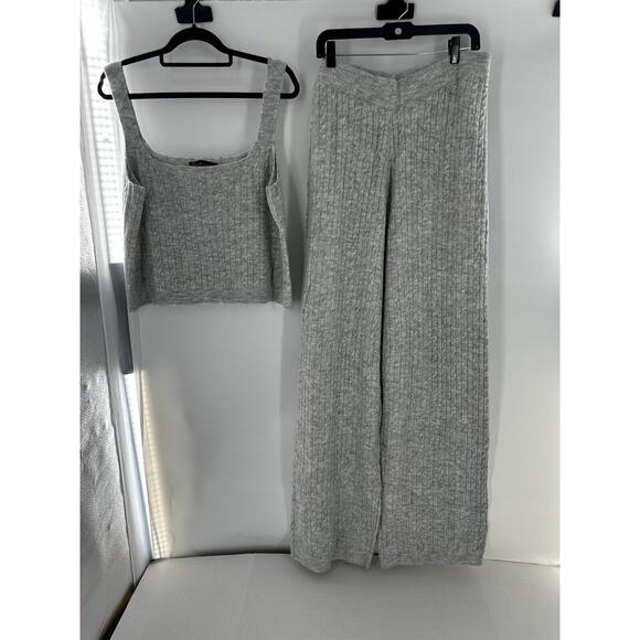 New York & Co Knit Lounge Set Sz XL Cableknit Soft Grey Tank Wide Leg Pants New - Picture 5 of 16